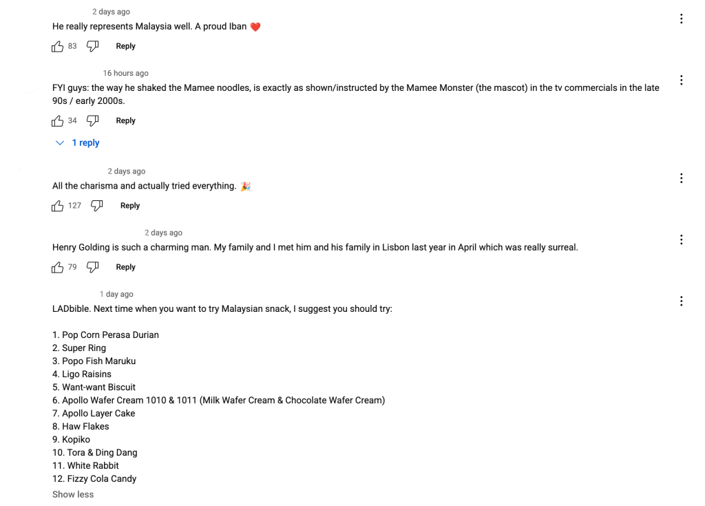 Comments from Henry Golding Youtube video